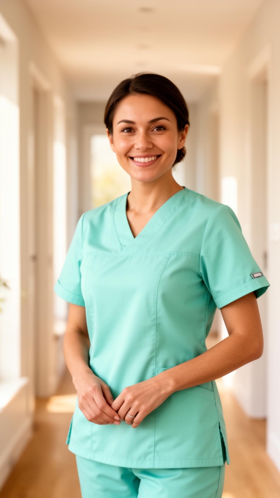 Smiling caregiver in teal scrubs