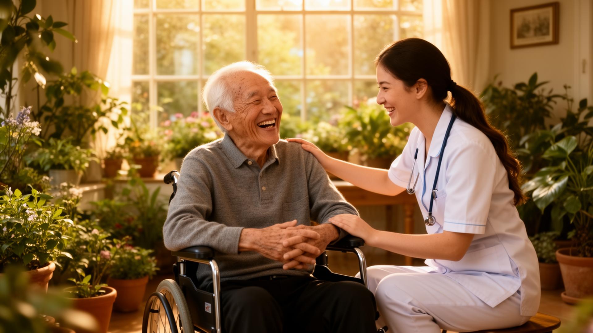 Caregiver laughing with elderly man in a sunlit garden room